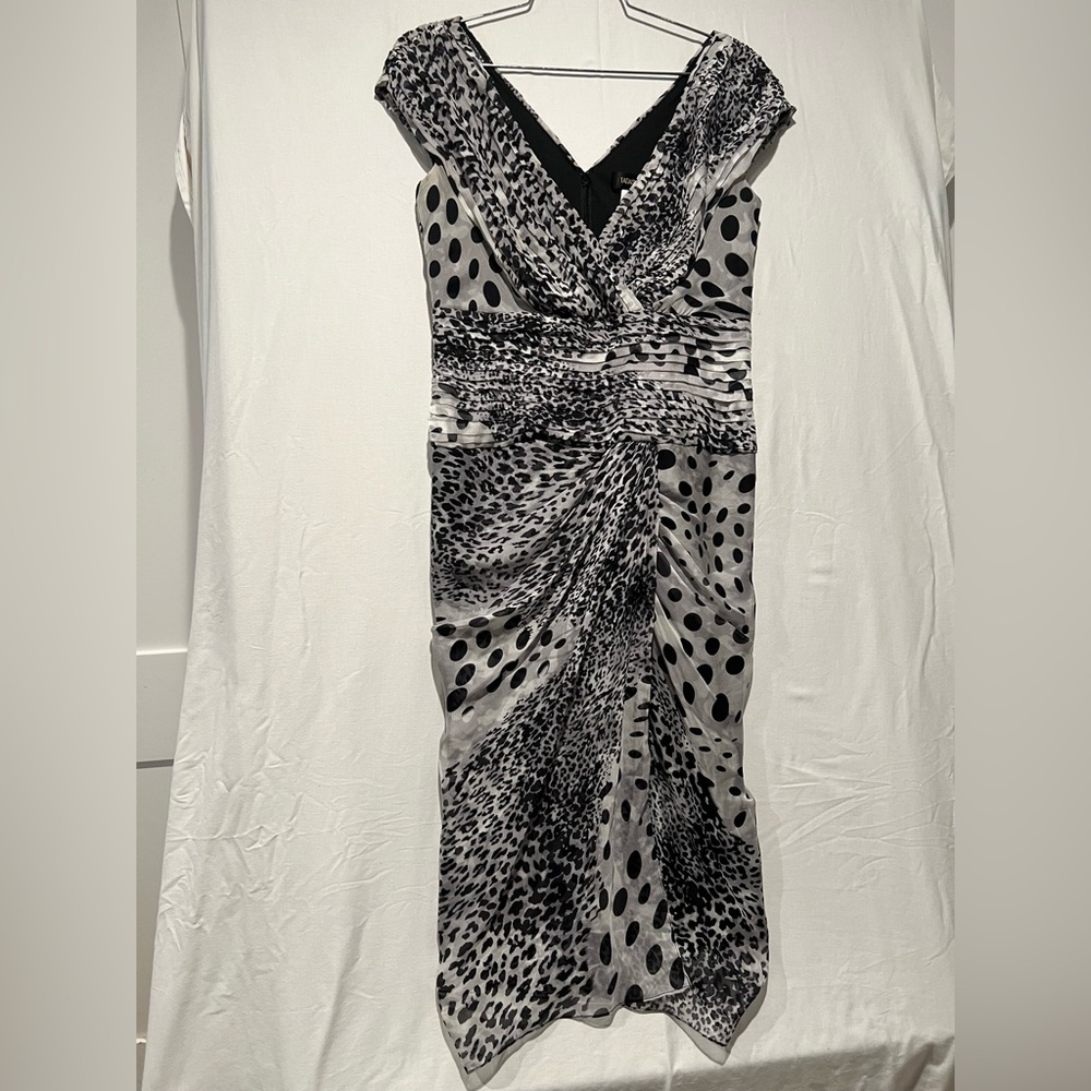 Tadashi Shoji Silk Black Gray Polka Dot Animal Print Draped Midi Dress Size 4